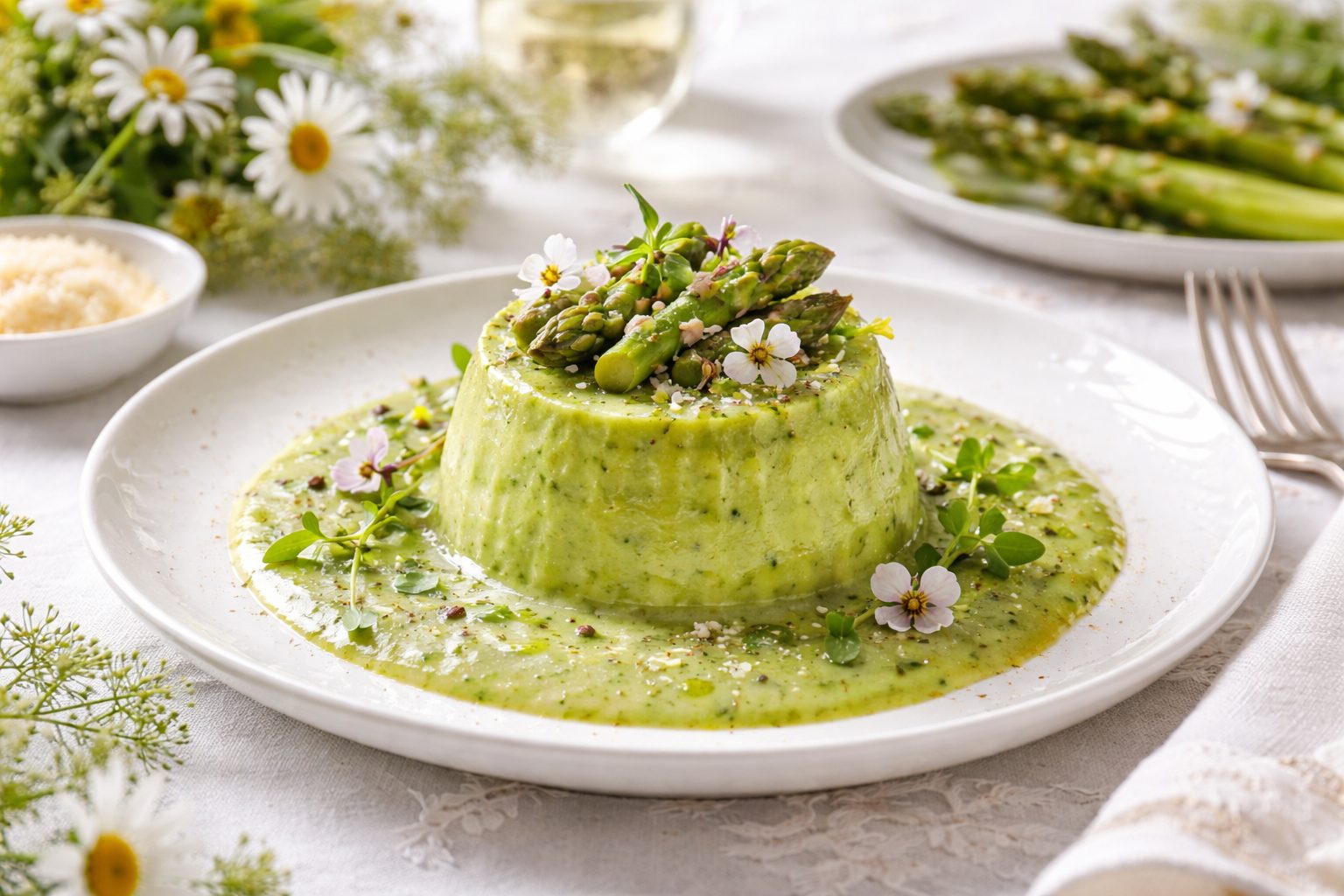 su tavola di aspetto primaverile piatto bianco con flan di asparagi