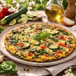 su tavola rustica piatto tondo con una frittata con verdure