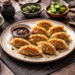 tavola apparecchiata all'orientale, al centro un piatto di gyoza con ciotola per la salsa, altre ciotole con alghe e verdura