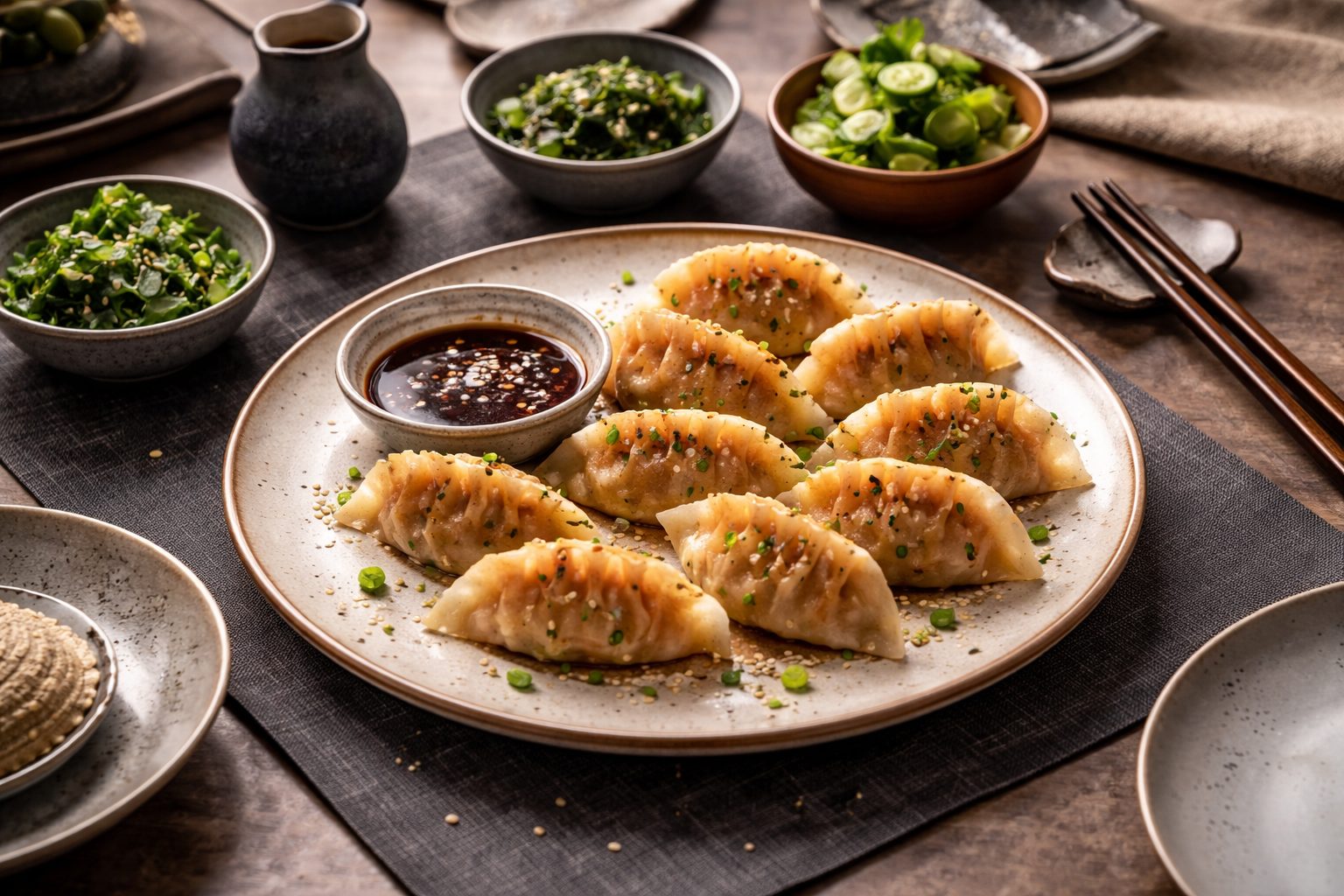 tavola apparecchiata all'orientale, al centro un piatto di gyoza con ciotola per la salsa, altre ciotole con alghe e verdura