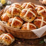 cestino pieno di panini hot cross buns, fiori di primavera intorno