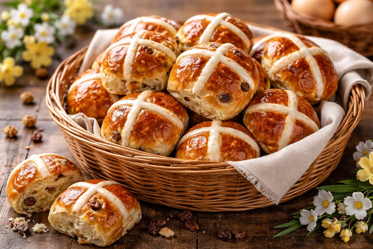 cestino pieno di panini hot cross buns, fiori di primavera intorno