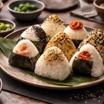 piatto marrone tonfo dove sono serviti 8 onigiri assortiti, ciotole intorno con verdure varie