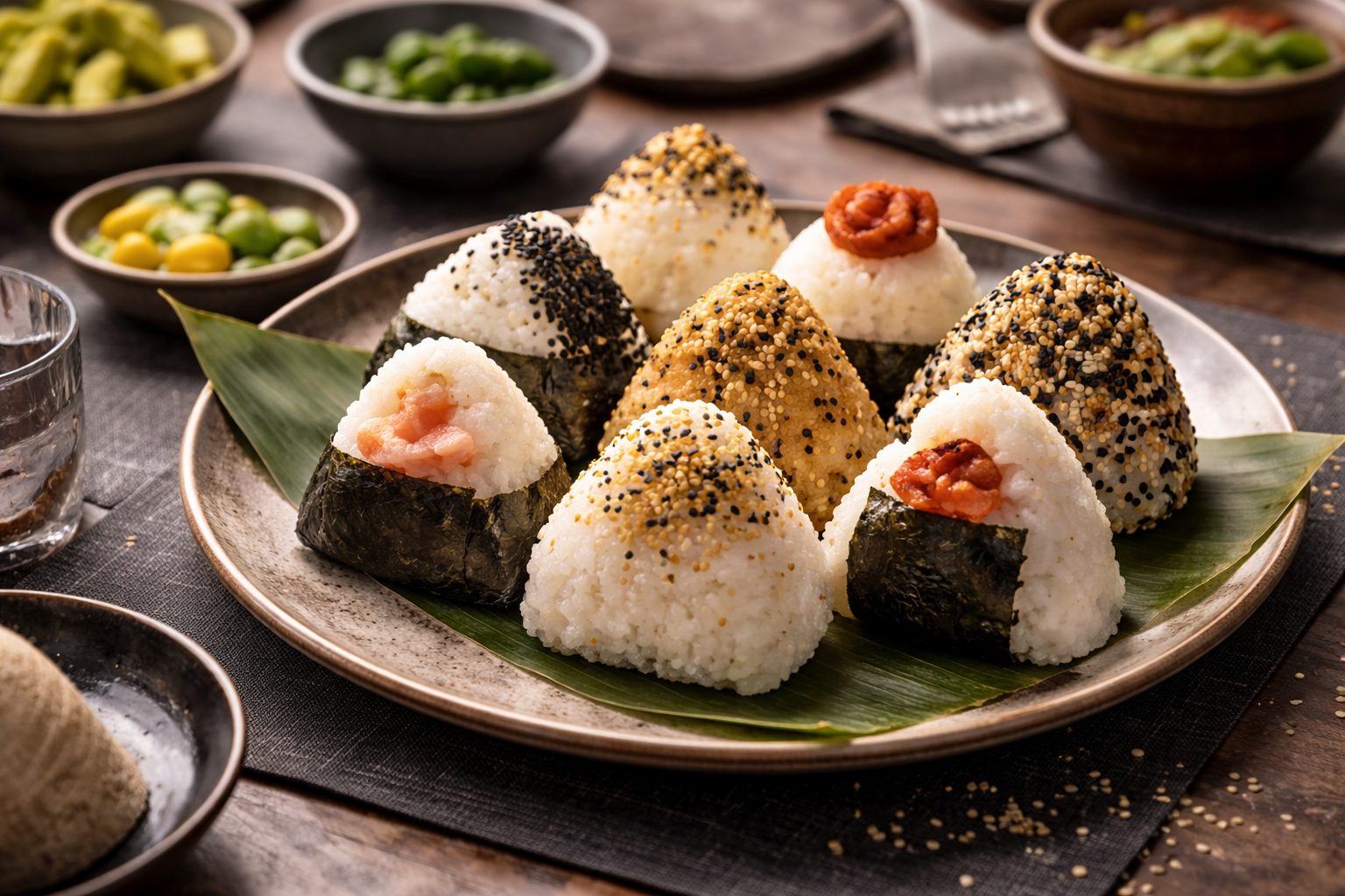 piatto marrone tonfo dove sono serviti 8 onigiri assortiti, ciotole intorno con verdure varie