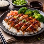 su base scura piatto piano nero con riso, broccoli e bastoncini di pollo teriyaki, bacchette nere e ciotole intorno