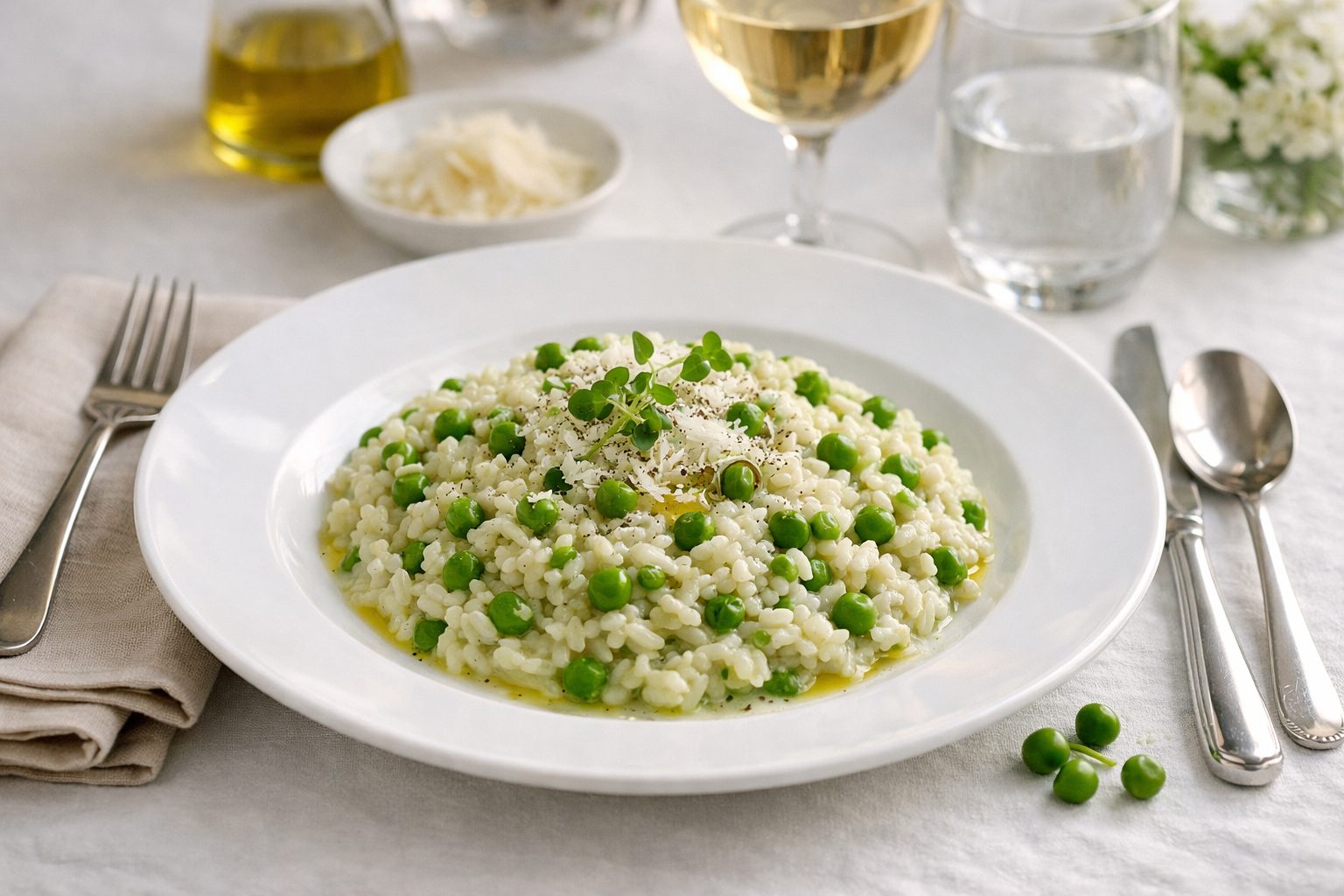 Le migliori ricette con piselli leggere e nutrienti di Melarossa 3 tavola apparecchiata con una scodella piena di risotto con piselli