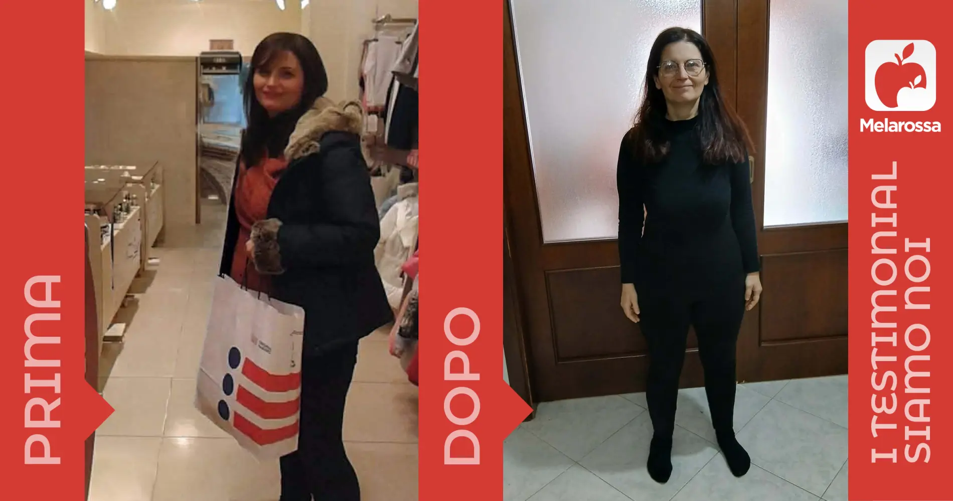 una donna fotografata prima e dopo la dieta Melarossa con cui ha perso 13 kg