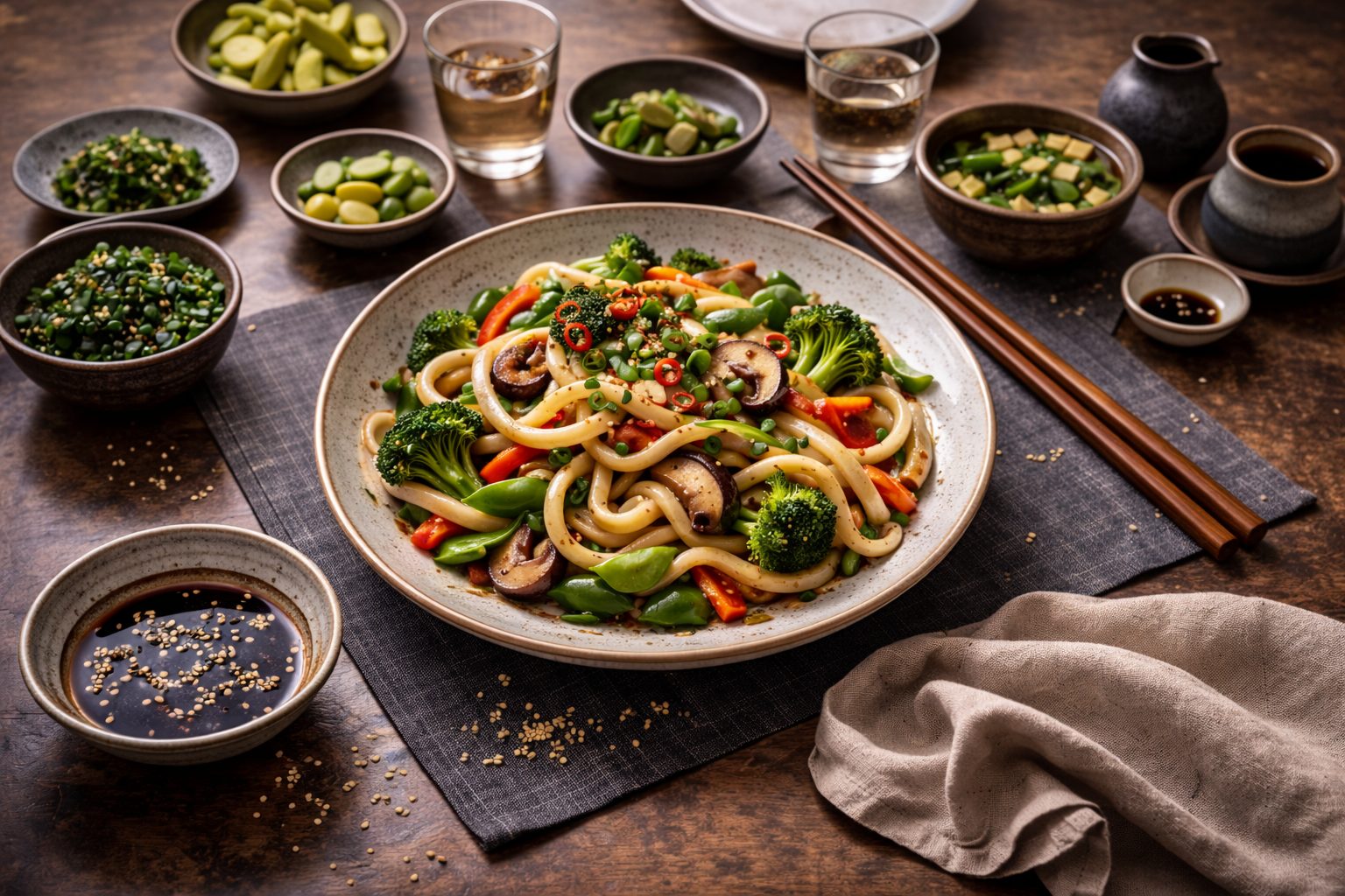 tavola apparecchiata all'orientale con tante ciotole diverse e al centro un piatto di udon con verdure