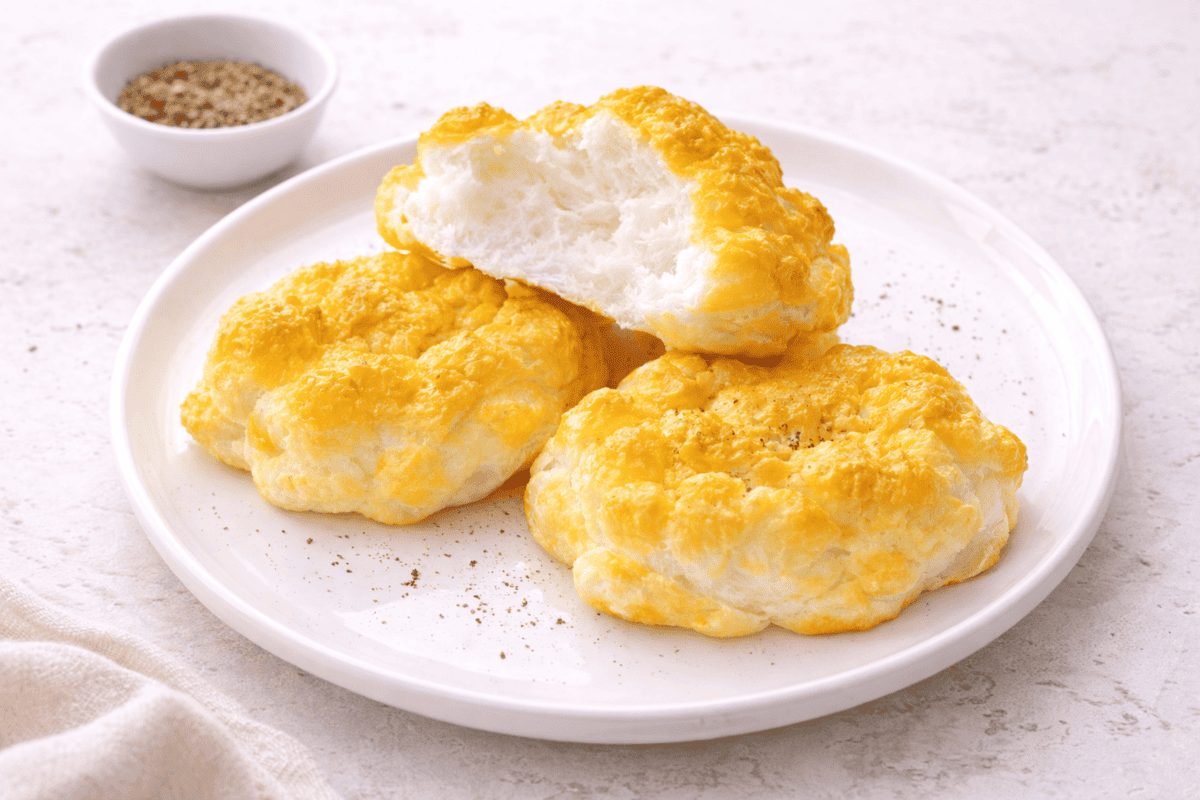 In primo piano su un tavolo chiaro ci sono delle uova alla jova soffici con una spolverata di pepe sopra.