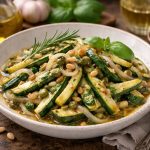 piatto tondo con le zucchine in carpione, erbe aromatiche e pinoli