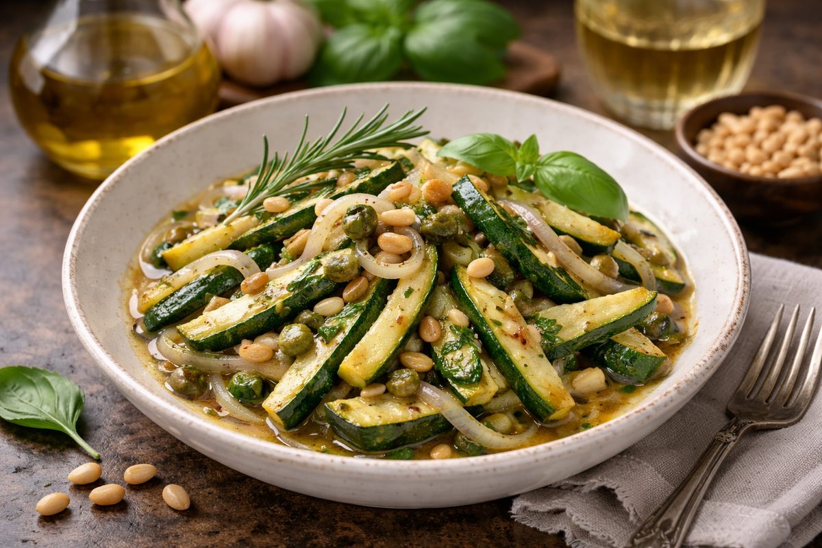 piatto tondo con le zucchine in carpione, erbe aromatiche e pinoli