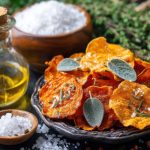 piatto con chips di patate e erbe aromatiche, boccetta di olio e ciotola di sale