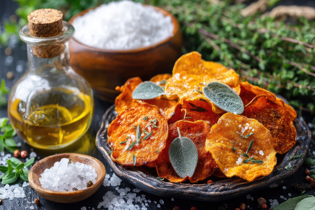 Ricette con le patate: le migliori da provare facilmente a casa 43 piatto con chips di patate e erbe aromatiche, boccetta di olio e ciotola di sale