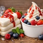 Frozen yogurt fatto in casa: ricetta senza gelatiera e senza zucchero 1 bicchierino bianco con forze yogurt e frutti di bosco freschi, bastoncini di frozen yogurt accanto