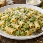 Pasta con le fave fresche: ricetta facile e cremosa 1 piatto bianco con pasta con le fave, rigatoni corti spolverata di pecorino