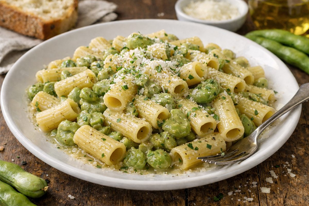 piatto bianco con pasta con le fave, rigatoni corti spolverata di pecorino
