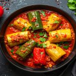 teglia scura tonda piena di zucchine ripiene di carne al pomodoro