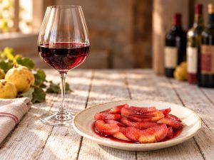 Iscriviti subito alla dieta Melarossa e scarica l'app 12 su tavolo di legno, sulla sinistra mele cotogne, al centro piatto bianco con mele cotogne al vino rosso, dietro un calice di vino e dietro bottiglie di vino rosso