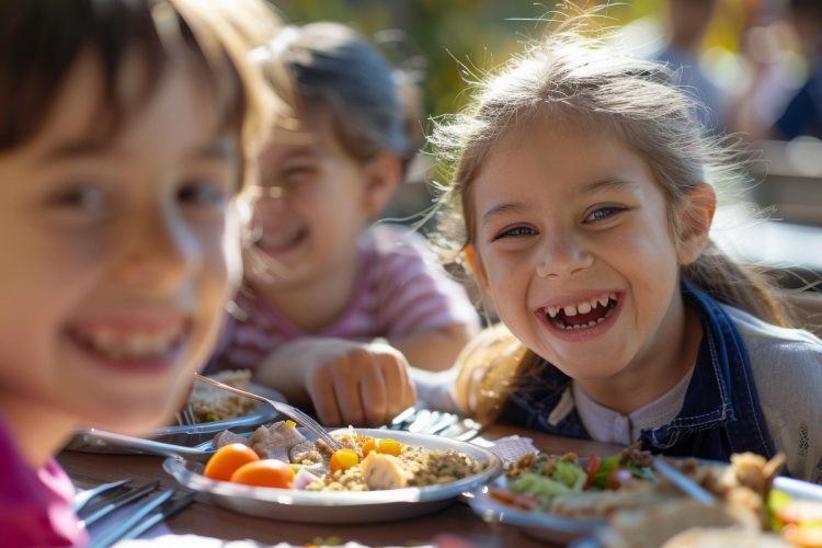 progetto scuola di Melarossa bambini a tavola a scuola che mangiano e ridono